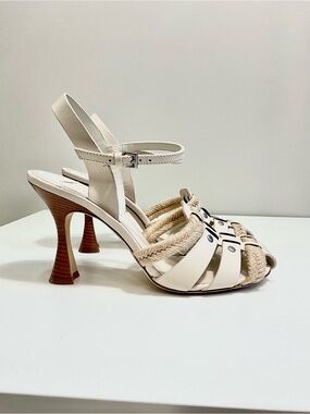 TORY BURCH Ankle Strap Spool Heel Sandals Ivory Rope Leather Size 8